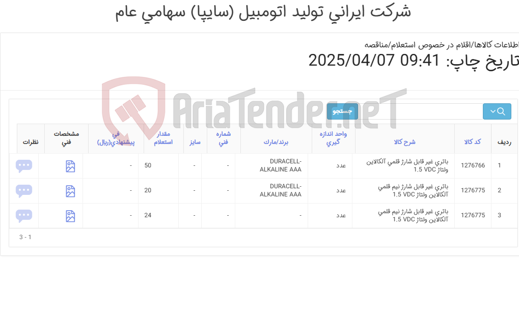تصویر کوچک آگهی باتری(DURACELL- ALKALINE AAA