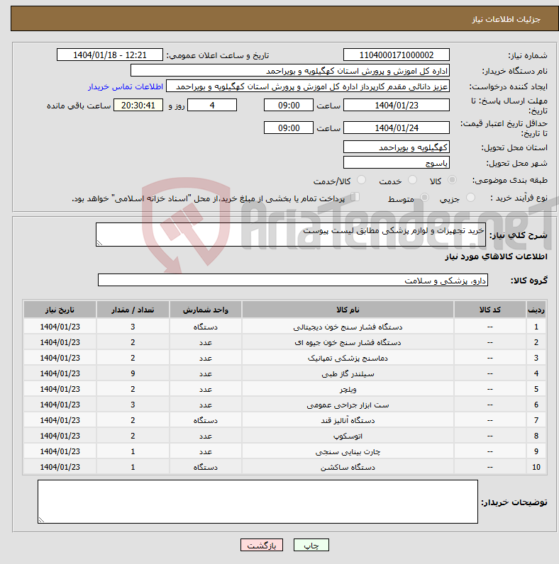 تصویر کوچک آگهی نیاز انتخاب تامین کننده-خرید تجهیزات و لوازم پزشکی مطابق لیست پیوست