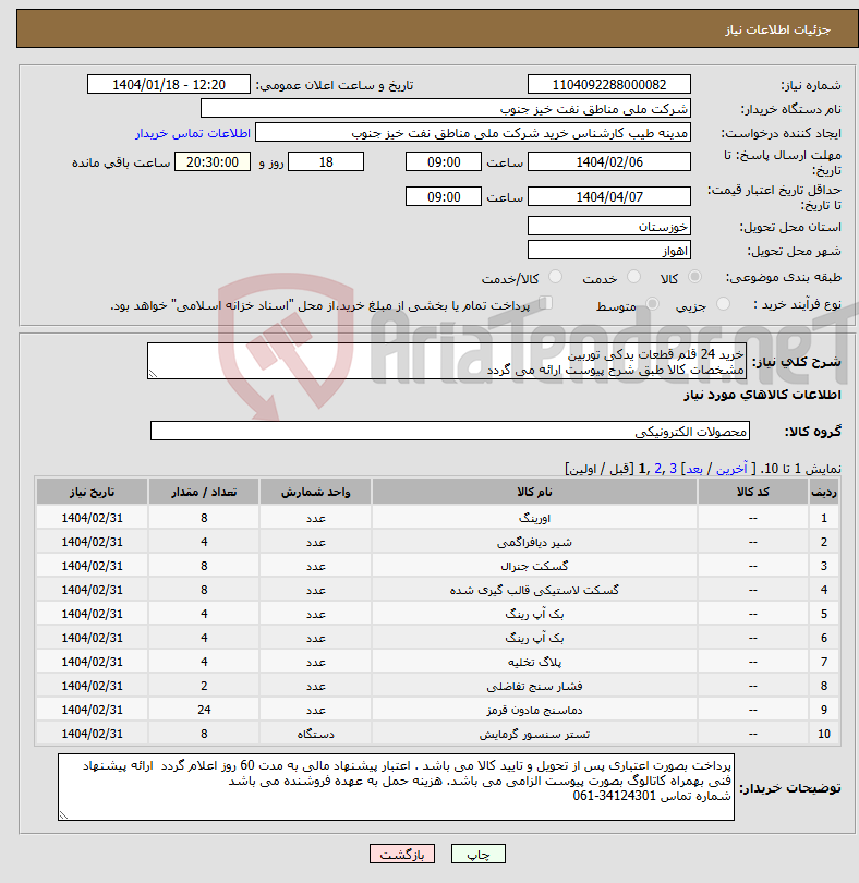 تصویر کوچک آگهی نیاز انتخاب تامین کننده-خرید 24 قلم قطعات یدکی توربین مشخصات کالا طبق شرح پیوست ارائه می گردد