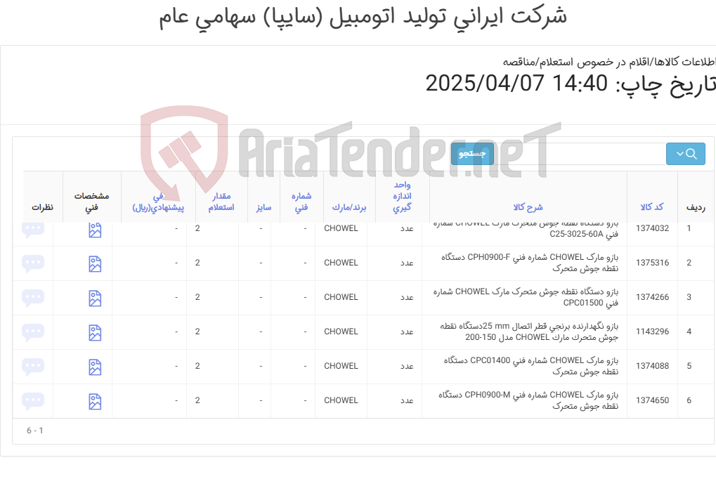 تصویر کوچک آگهی تأمین شش ردیف بازوهای دستگاه نقطه جوش مارک CHOWEL