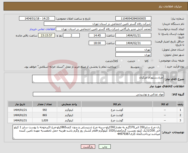 تصویر کوچک آگهی نیاز انتخاب تامین کننده-مرغ رستوران مرکزی