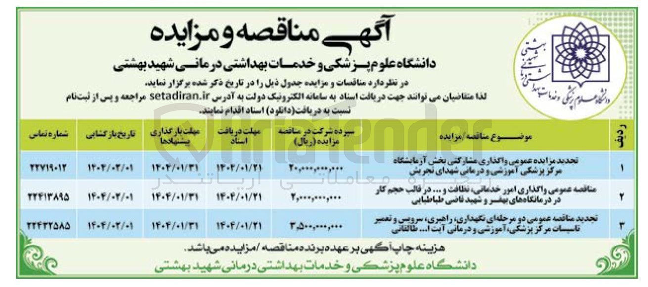 تصویر کوچک آگهی  واگذاری مشارکتی بخش آزمایشگاه مرکز پزشکی 