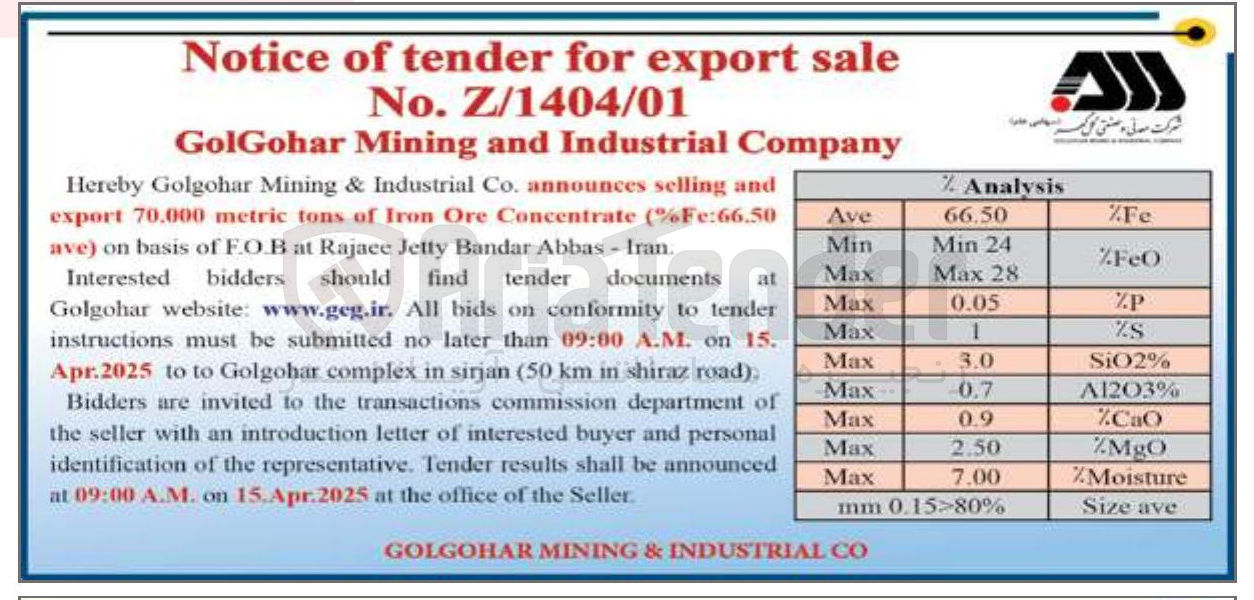 تصویر کوچک آگهی and selling announces Fe:66.50 % ( Concentrate Ore Iron of tons metric 70.000 export ) ave