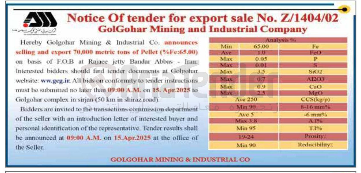 تصویر کوچک آگهی announces ) Fe:65.00 % ( Pellet of tons metric 70,000 export and selling 
