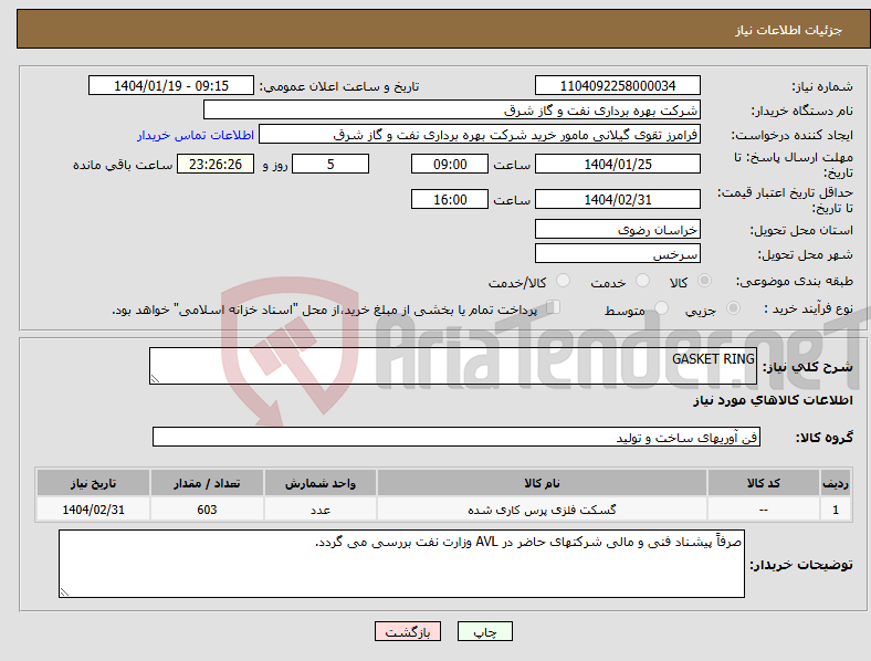 تصویر کوچک آگهی نیاز انتخاب تامین کننده-GASKET RING