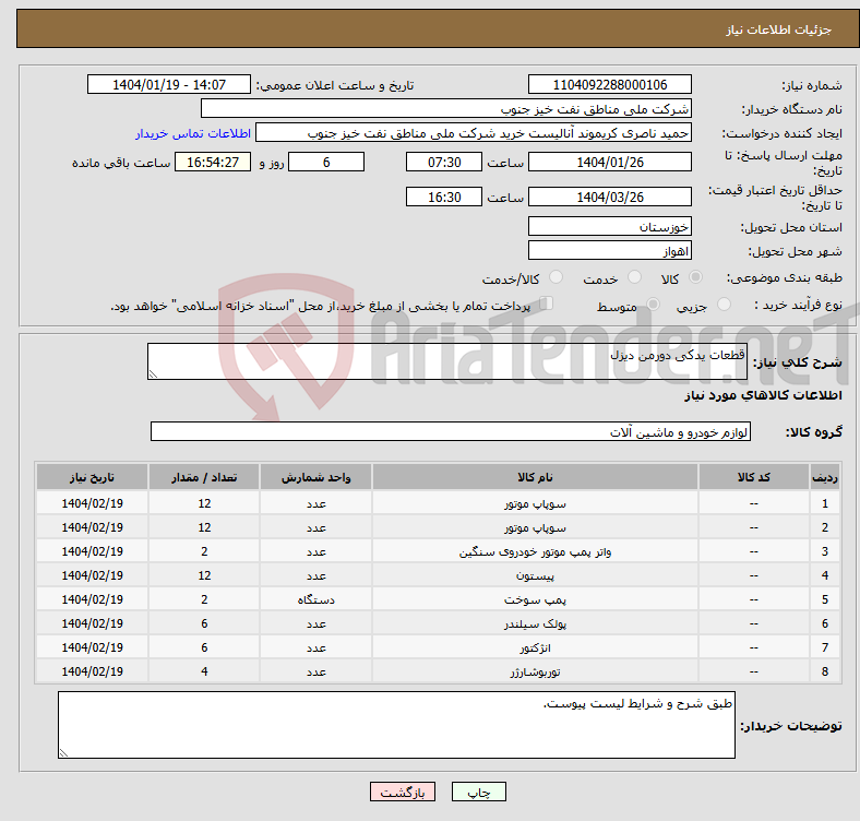 تصویر کوچک آگهی نیاز انتخاب تامین کننده-قطعات یدکی دورمن دیزل