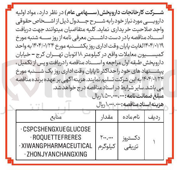 تصویر کوچک آگهی دکستروز تزریقی