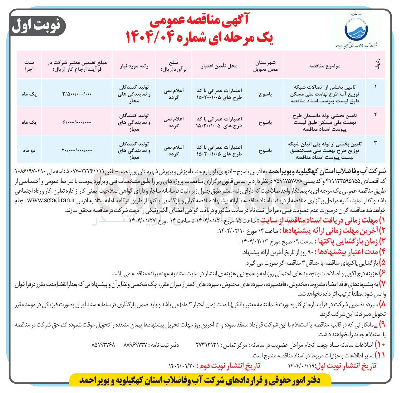 تصویر کوچک آگهی تامین بخشی از لوله پلی اتیلن شبکه توزیع