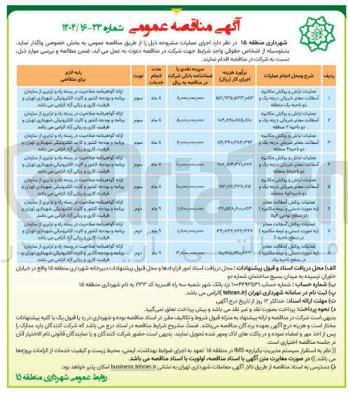 تصویر کوچک آگهی عملیات تراش و روکش مکانیزه آسفالت معابر شریانی درجه یک و دو