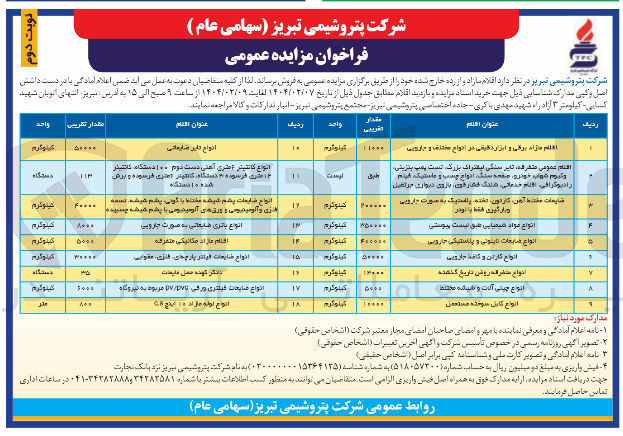 تصویر کوچک آگهی فروش اقلام مازاد و از رده خارج شده در 18 ردیف (انواع مواد شیمیایی - انواع ضایعان نایلونی و پلاستیکی جارویی - انواع کارتن و کاغذ جارویی - انواع متفرقه روغن تاریخ گذشته - انواع چینی آلات و شیشه مختلط - انواع کابل سوخته مستعمل و...)