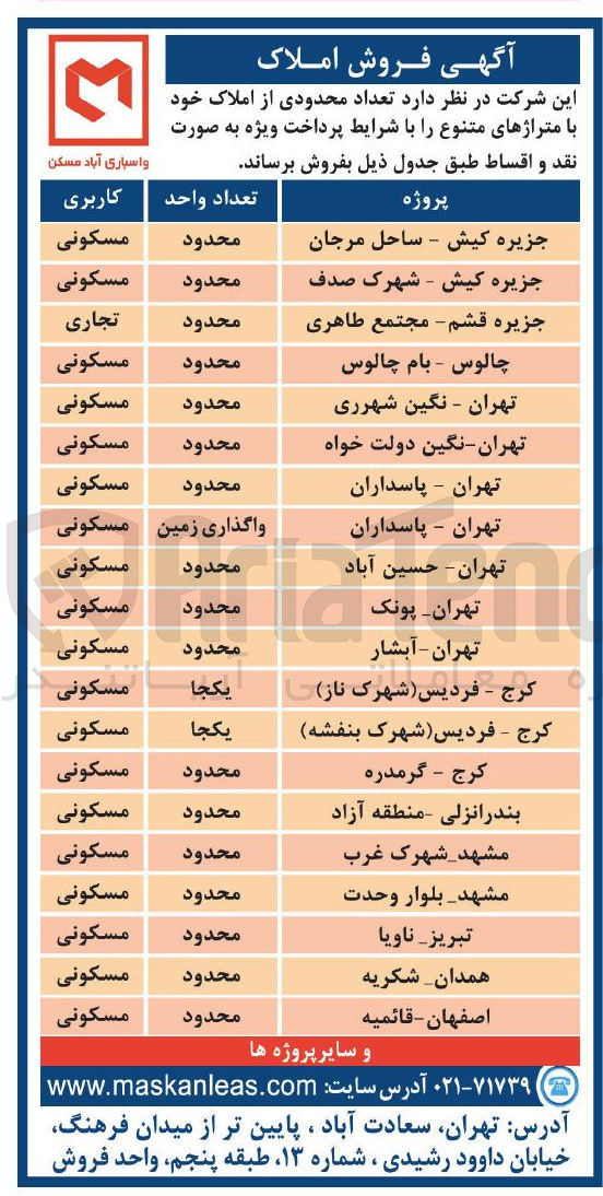 تصویر کوچک آگهی فروش تعداد محدودی از املاک با متراژ های متنوع در 20 ردیف با کاربری مسکونی، تجاری