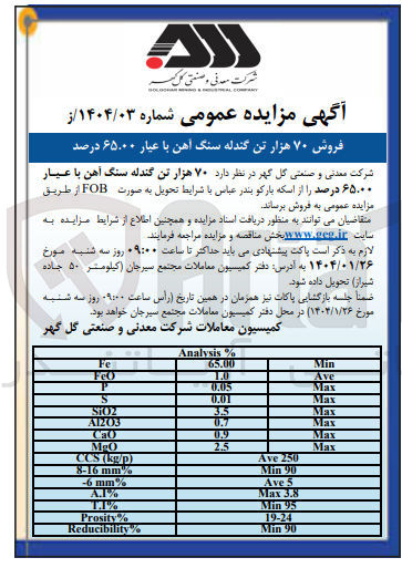 تصویر کوچک آگهی فروش ۷۰ هزار تن گندله سنگ آهن با عیار ۶۵۰۰۰ درصد 
