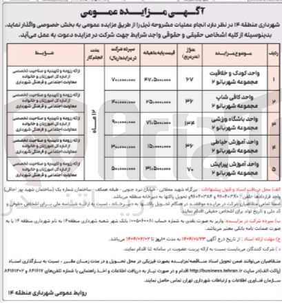 تصویر کوچک آگهی واگذاری واحدهای کودک و خلاقیت - کافی شاپ - باشگاه ورزشی - آموزش خیاطی - آموزش پیرایش در مجموعه شهربانو 2