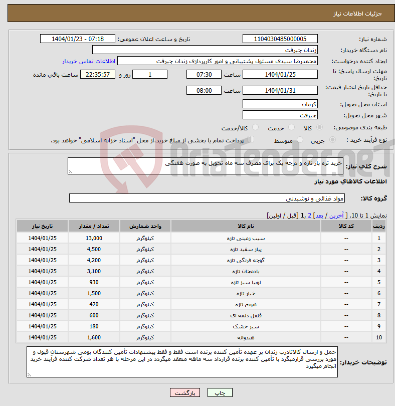 تصویر کوچک آگهی نیاز انتخاب تامین کننده-خرید تره بار تازه و درجه یک برای مصرف سه ماه تحویل به صورت هفتگی