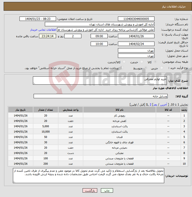 تصویر کوچک آگهی نیاز انتخاب تامین کننده-خرید لوازم مصرفی 