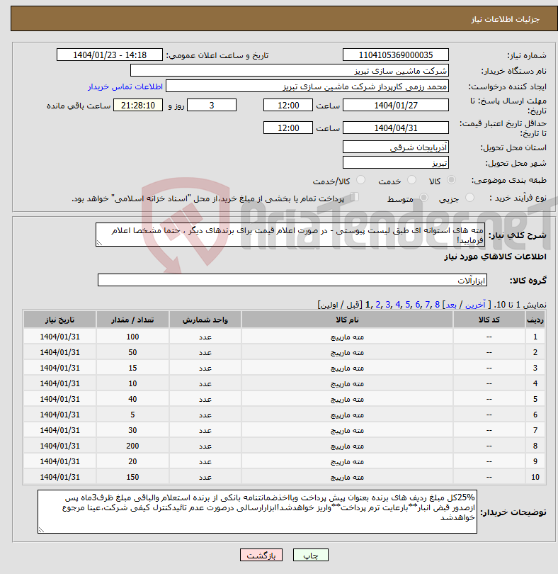 تصویر کوچک آگهی نیاز انتخاب تامین کننده-مته های استوانه ای طبق لیست پیوستی - در صورت اعلام قیمت برای برندهای دیگر ، حتما مشخصا اعلام فرمایید! 