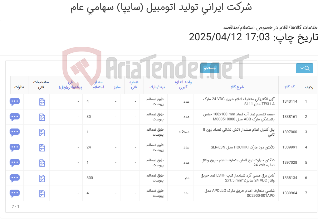 تصویر کوچک آگهی 7 آیتم اقلام آتش نشانی(طبق ضمائم پیوست