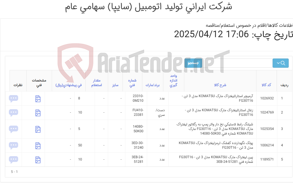 تصویر کوچک آگهی لوازم لیفتراک کوماتسو 3تن