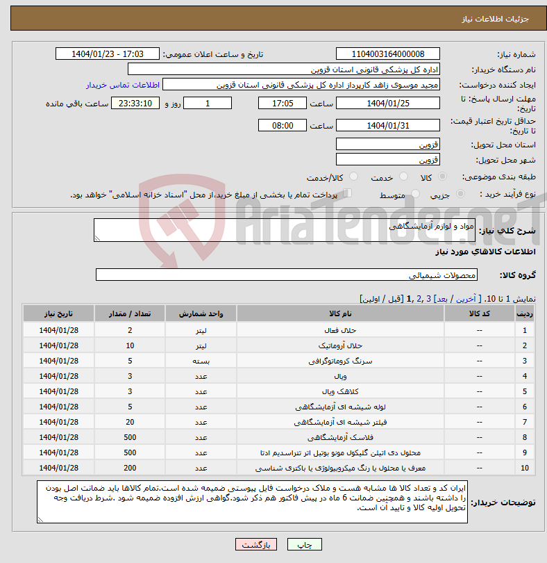 تصویر کوچک آگهی نیاز انتخاب تامین کننده-مواد و لوازم آزمایشگاهی