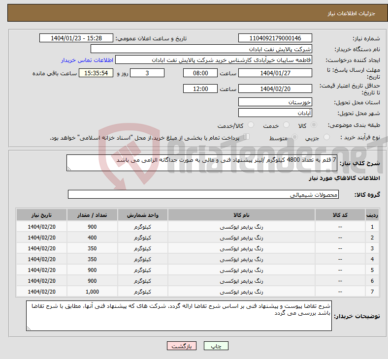 تصویر کوچک آگهی نیاز انتخاب تامین کننده-7 قلم به تعداد 4800 کیلوگرم /لیتر پیشنهاد فنی و مالی به صورت جداگانه الزامی می باشد