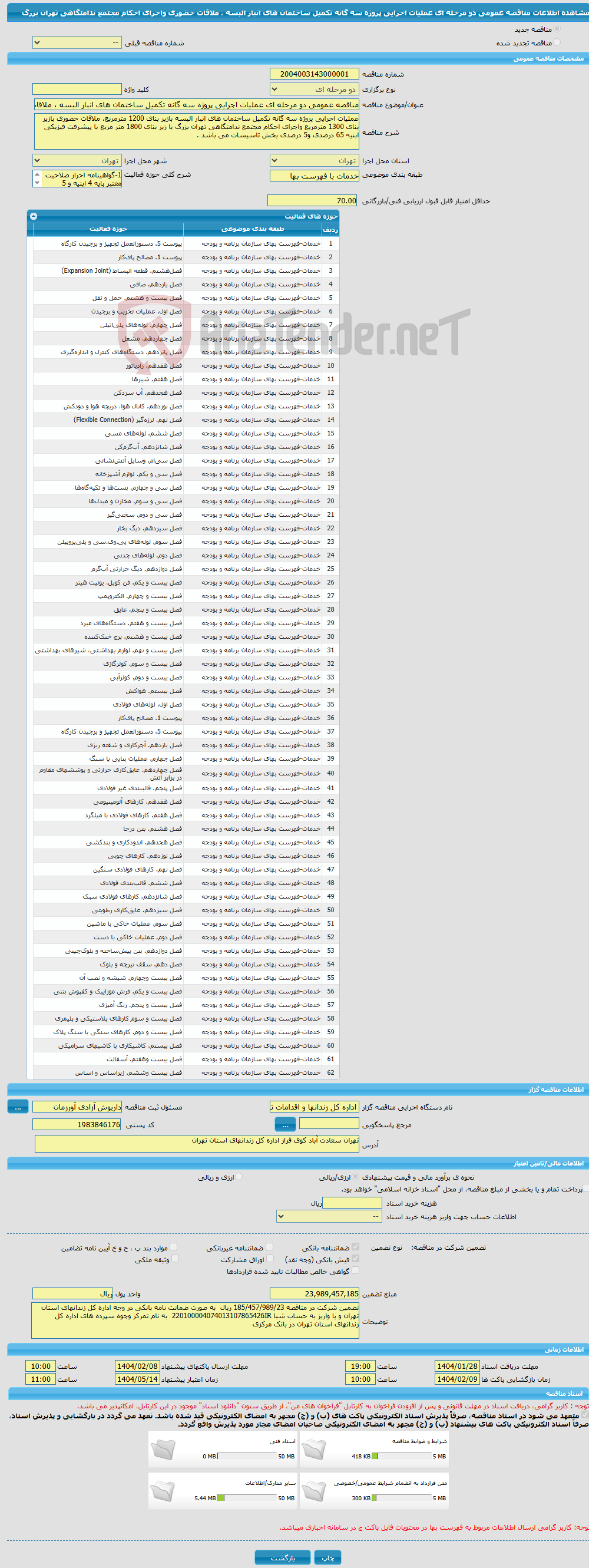 تصویر کوچک آگهی مناقصه عمومی دو مرحله ای عملیات اجرایی پروژه سه گانه تکمیل ساختمان های انبار البسه ، ملاقات حضوری واجرای احکام مجتمع ندامتگاهی تهران بزرگ