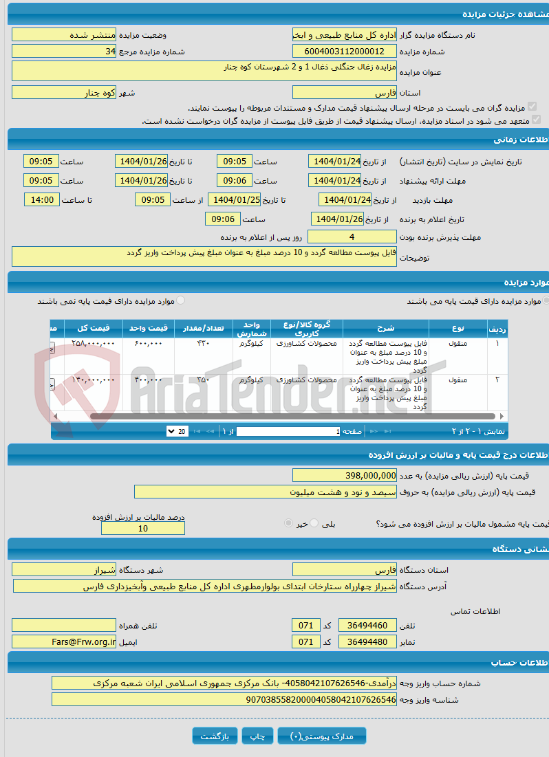 تصویر کوچک آگهی مزایده زغال جنگلی ذغال 1 و 2 شهرستان کوه چنار