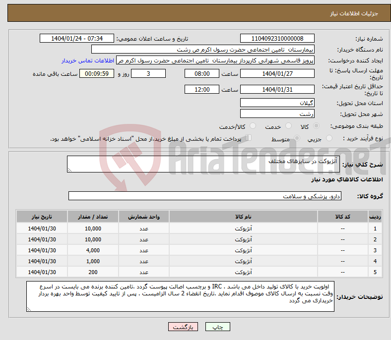 تصویر کوچک آگهی نیاز انتخاب تامین کننده- آنژیوکت در سایزهای مختلف
