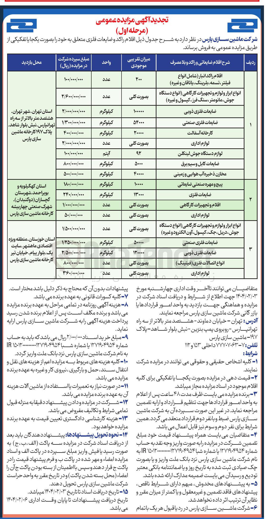 تصویر کوچک آگهی فروش اقلام راکد و ضایعات فلزی  : 
ضایعات فلزی ذوبی 
ضایعات فلزی صنعتی
لوازم دستگاه جوش لینکلن 
ضایعات کابل و سیم برق 
مخازن ذخیره آب هوایی و زمینی 
پیچ و مهره صنعتی ضایعاتی 
ضایعات فلزی 
اقلام و تجهیزات کارگاهی
و....