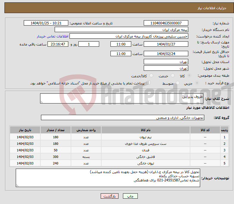 تصویر کوچک آگهی نیاز انتخاب تامین کننده-ظروف پذیرایی