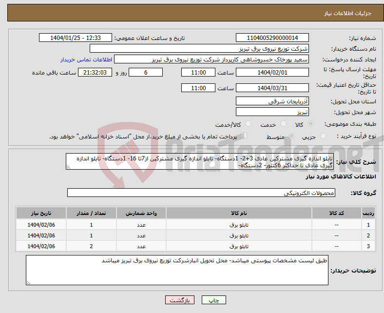 تصویر کوچک آگهی نیاز انتخاب تامین کننده-تابلو اندازه گیری مشترکین عادی 3+2- 1دستگاه- تابلو اندازه گیری مشترکین از7تا 16- 1دستگاه- تابلو اندازه گیری عادی تا حداکثر 6کنتور- 2دستگاه-