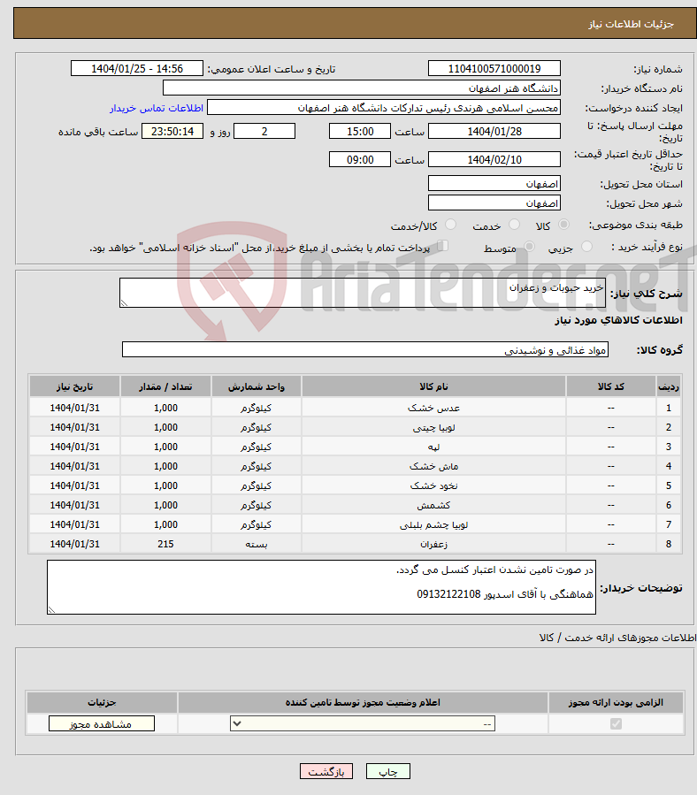 تصویر کوچک آگهی نیاز انتخاب تامین کننده-خرید حبوبات و زعفران