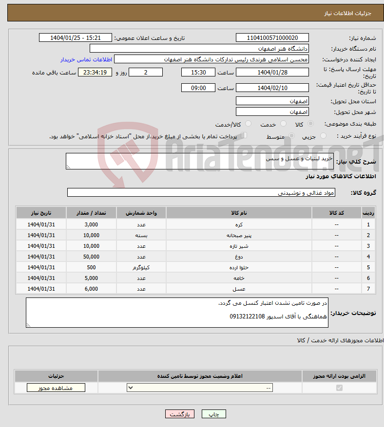 تصویر کوچک آگهی نیاز انتخاب تامین کننده-خرید لبنیات و عسل و سس