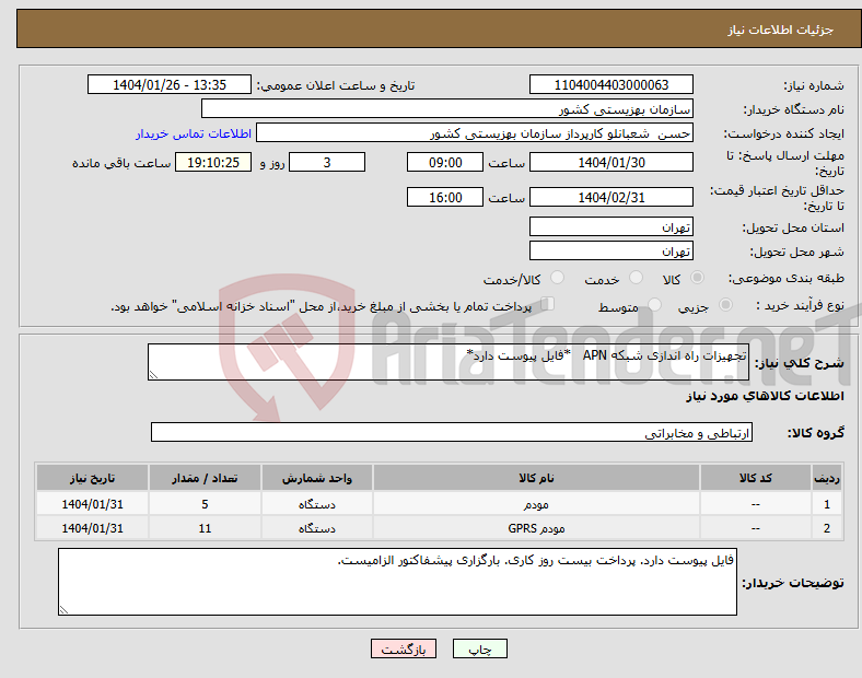 تصویر کوچک آگهی نیاز انتخاب تامین کننده-تجهیزات راه اندازی شبکه APN *فایل پیوست دارد*