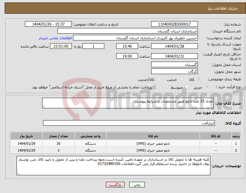 تصویر کوچک آگهی نیاز انتخاب تامین کننده-تعداد 33 عدد تابلو طبق مشخصات و شرایط پیوست