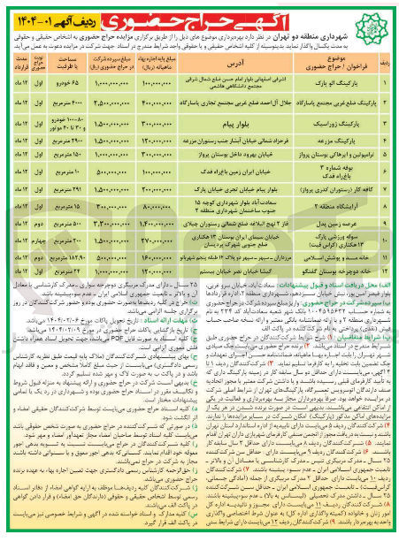 تصویر کوچک آگهی بهره برداری از محل های : پارکینگ الو پارک - پارکینگ ضلع غربی مجتمع پاسارگاد - پارکینگ ژوراسیک - پارکینگ مزرعه - ترامپولین و ایرهاکی بوستان  پرواز - بوفه شماره 3 باغ راه فدک - کافه کار (رستوران گذری پرواز) - آرایشگاه - عرصه زمین پدل - سوله ورزشی پارک 13 هکتاری (کراسفیت) - خانه مد و پوشش اسلامی - خانه دوچرخه بوستان گفتگو