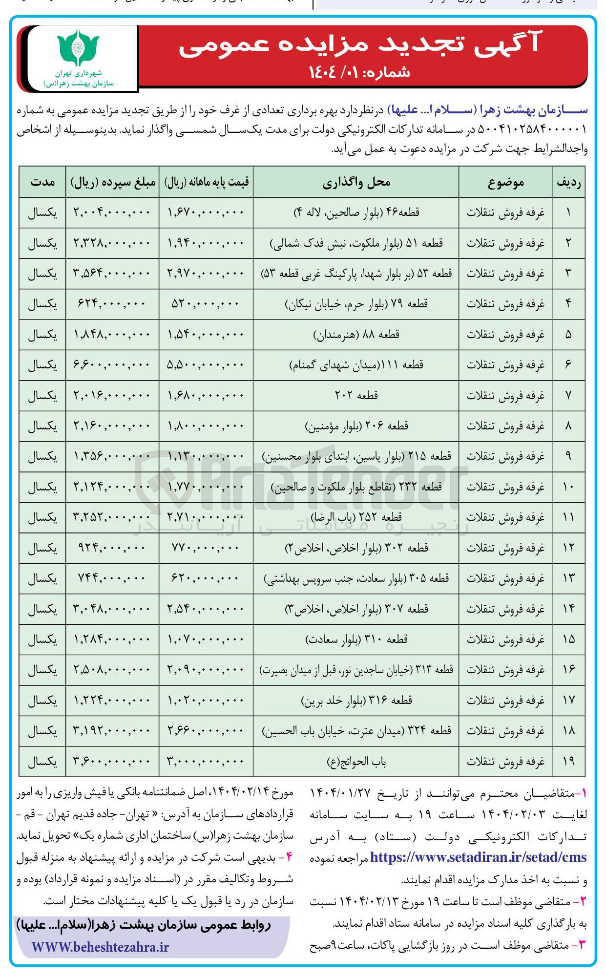 تصویر کوچک آگهی بهره برداری تعدادی از غرف در 19 ردیف (غرفه فروش تنقلات)