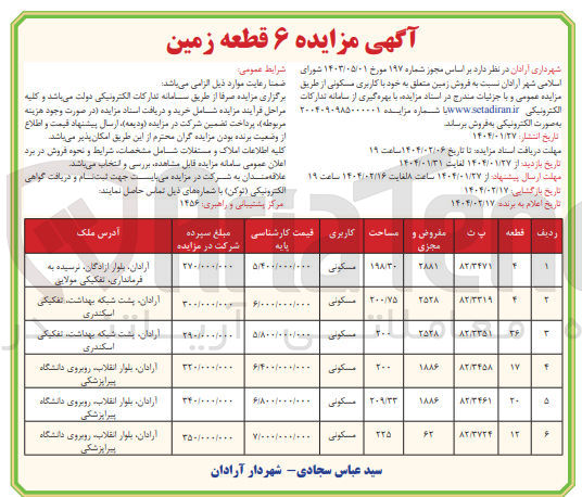 تصویر کوچک آگهی فروش زمین در 7 ردیف با کاربری مسکونی