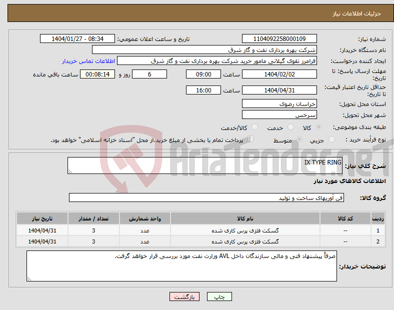 تصویر کوچک آگهی نیاز انتخاب تامین کننده-IX TYPE RING