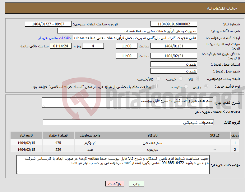 تصویر کوچک آگهی نیاز انتخاب تامین کننده-سم علف هرز و آفت کش به شرح فایل پیوست 
