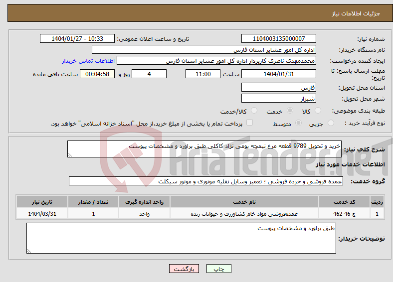 تصویر کوچک آگهی نیاز انتخاب تامین کننده-خرید و تحویل 9789 قطعه مرغ نیمچه بومی نژاد کاکلی طبق براورد و مشخصات پیوست