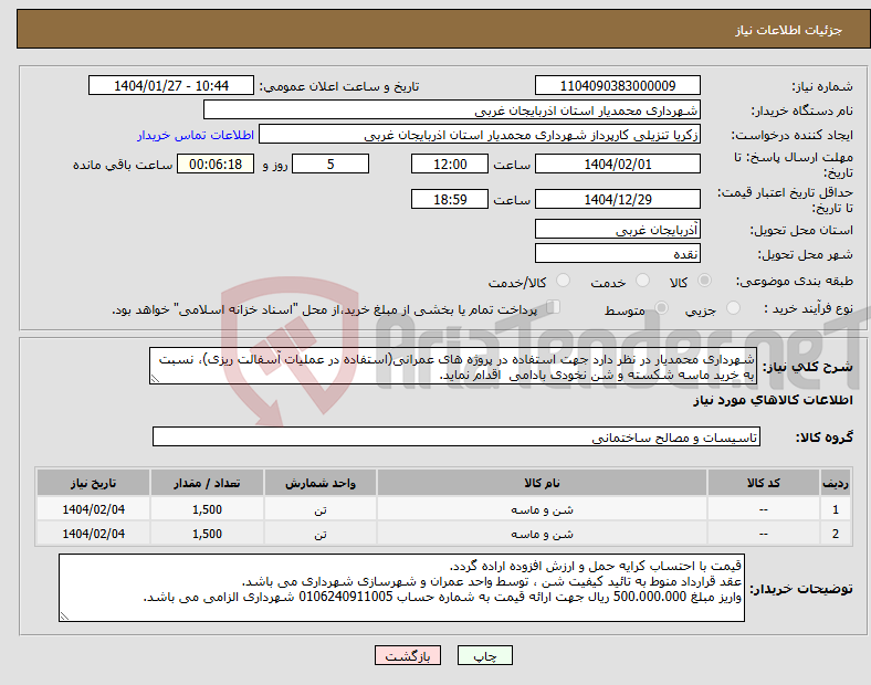 تصویر کوچک آگهی نیاز انتخاب تامین کننده-شهرداری محمدیار در نظر دارد جهت استفاده در پروژه های عمرانی(استفاده در عملیات آسفالت ریزی)، نسبت به خرید ماسه شکسته و شن نخودی بادامی اقدام نماید.