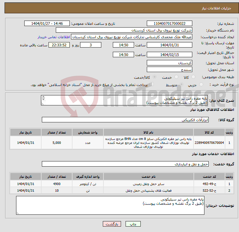 تصویر کوچک آگهی نیاز انتخاب تامین کننده-پایه مقره راس تیر سیلیکونی (طبق 2 برگ نقشه و مشخصات پیوست) 