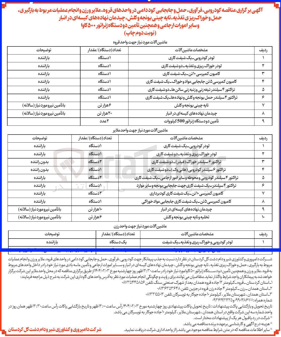 تصویر کوچک آگهی انجام عملیات مربوط به بارگیری حمل و خوراک ریزی تغذیه تا یه چینی یونجه و کلش چیدمان نهاده های کیسه ای در انبار و سایر امورات ارجاعی
