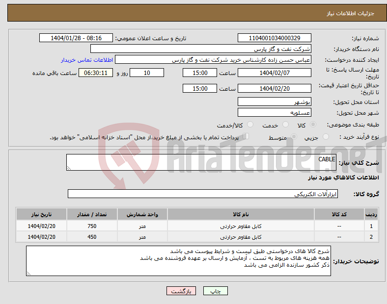تصویر کوچک آگهی نیاز انتخاب تامین کننده-CABLE