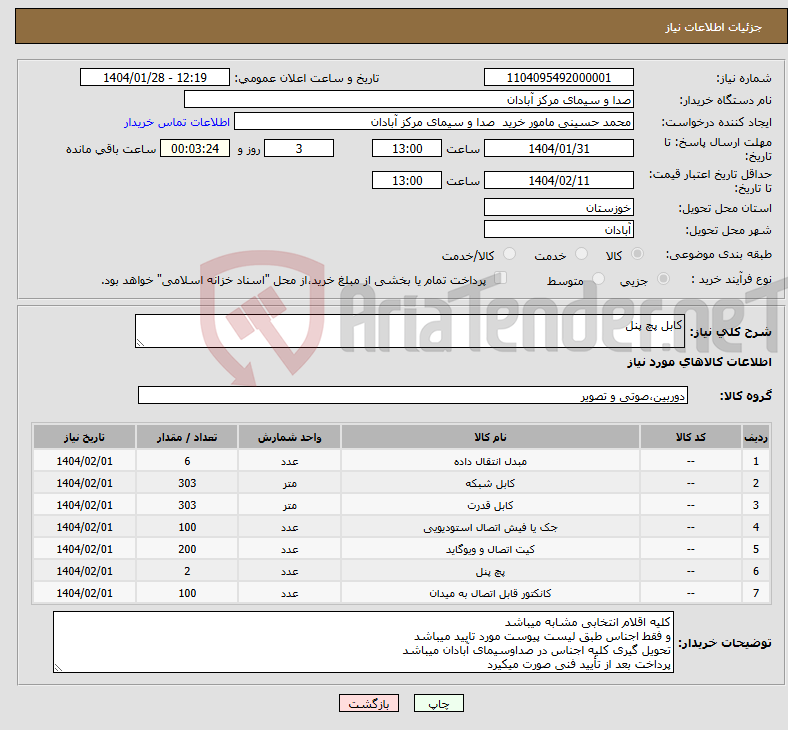تصویر کوچک آگهی نیاز انتخاب تامین کننده-کابل پچ پنل