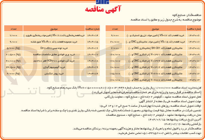 تصویر کوچک آگهی خرید ورق فولادی مطابق مشخصات مناقصه 
