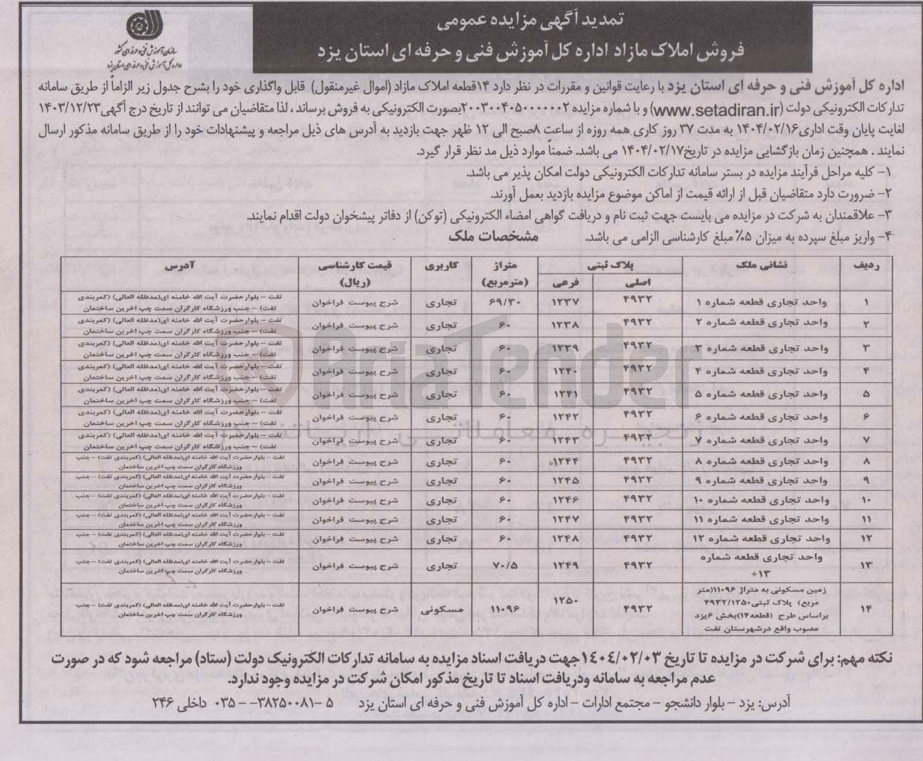 تصویر کوچک آگهی فروش ۱۴ قطعه املاک مازاد اموال غیر منقول با کاربری تجاری و مسکونی