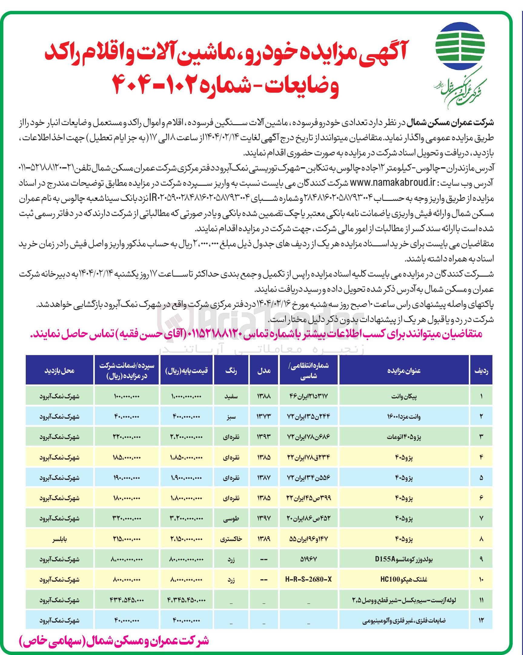 تصویر کوچک آگهی د تعدادی خودرو فرسوده ماشین آلات سنگین فرسوده اقلام و اموال راکد و مستعمل و ضایعات انبار 
