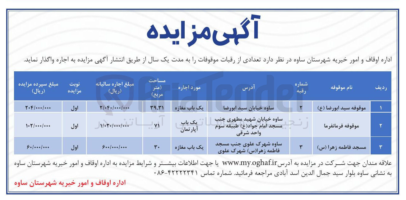 تصویر کوچک آگهی اجاره تعدادی از رقبات موقوفات در 3 ردیف با کاربری تجاری و مسکونی
