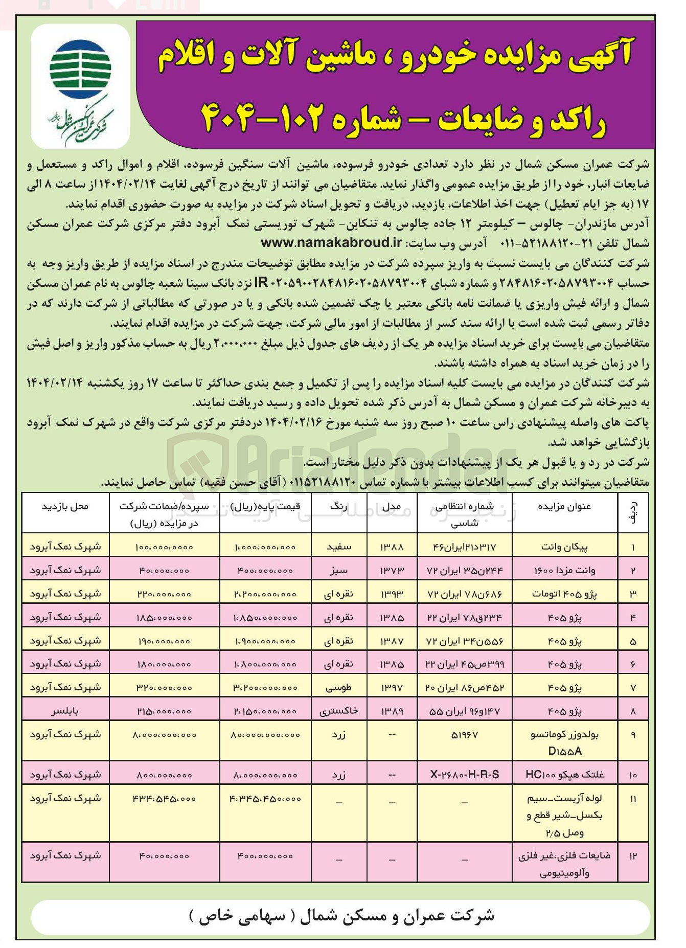 تصویر کوچک آگهی فروش تعدادی خودرو فرسوده ماشین آلات سنگین فرسوده اقلام و اموال راکد و مستعمل و ضایعات انبار